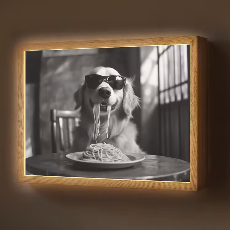 Golden Retriever - Hond - Vrolijk - Bord spaghetti - Zwart - wit Light Box met batterij (Wandlamp) middel -z3d_website