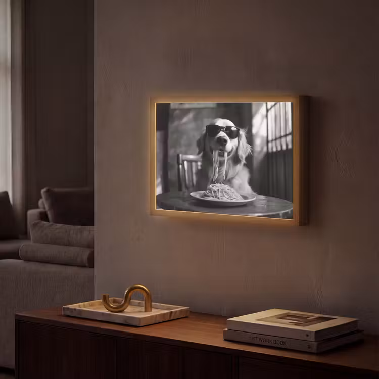 Golden Retriever - Hond - Vrolijk - Bord spaghetti - Zwart - wit Light Box met batterij (Wandlamp) middel -sfeer1