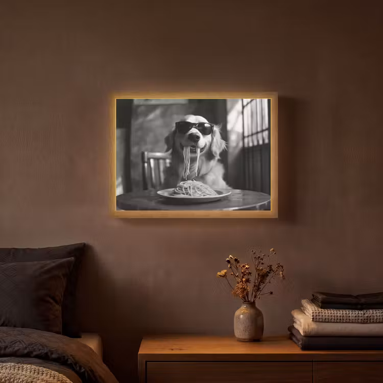 Golden Retriever - Hond - Vrolijk - Bord spaghetti - Zwart - wit Light Box met batterij (Wandlamp) middel -sfeer4