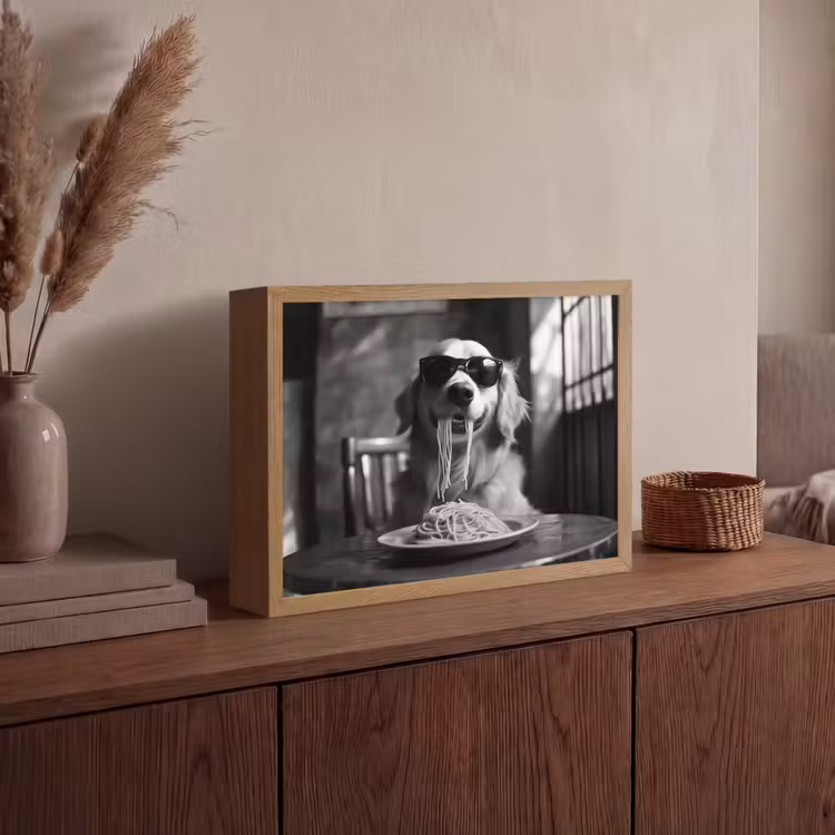 Golden Retriever - Hond - Vrolijk - Bord spaghetti - Zwart - wit Light Box met batterij (Wandlamp) middel -sfeer2