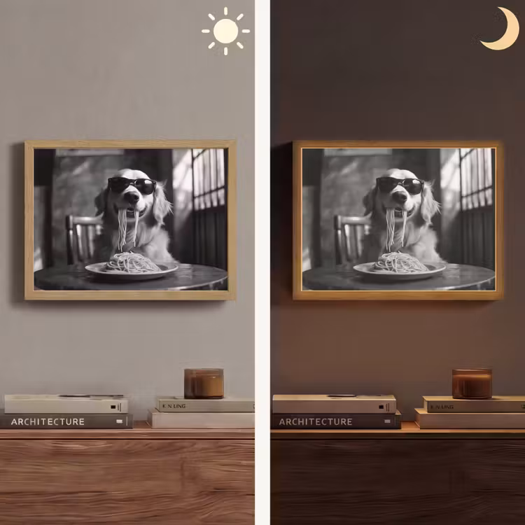 Golden Retriever - Hond - Vrolijk - Bord spaghetti - Zwart - wit Light Box met batterij (Wandlamp) middel -sfeer3