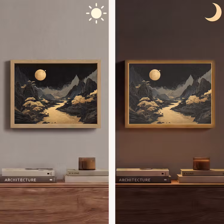 Gouden rivier - Bergen - Maan - Sterrenhemel Light Box met batterij (Wandlamp) middel -sfeer3