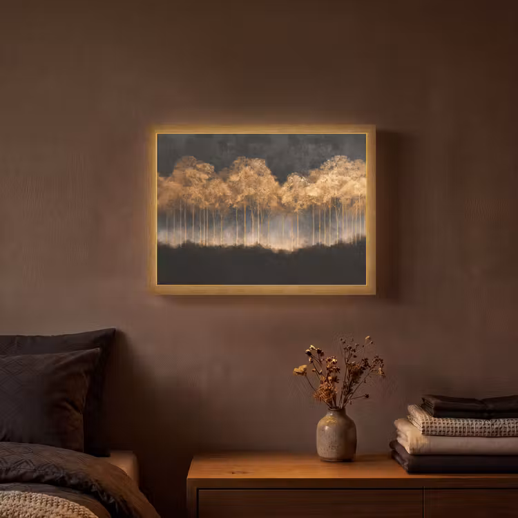 Gouden Bomen in Mistig Landschap Light Box met batterij (Wandlamp) middel -sfeer4