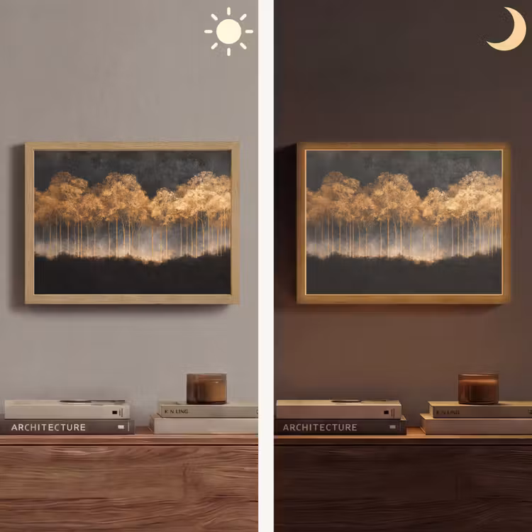 Gouden Bomen in Mistig Landschap Light Box met batterij (Wandlamp) middel -sfeer3