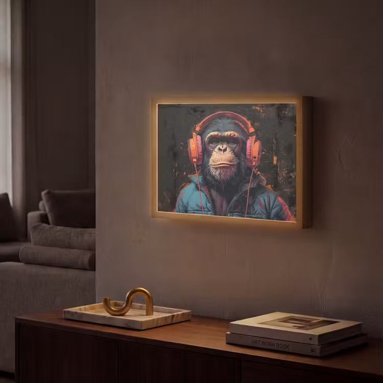Graffiti - Chimpansee - Koptelefoon - Aap Light Box met batterij (Wandlamp) middel -sfeer1