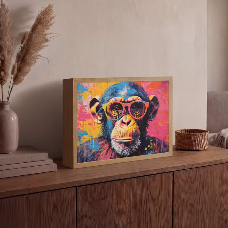 Graffiti - Chimpansee - Aap - Bril - Kleurrijk Light Box met batterij (Wandlamp) middel -sfeer2