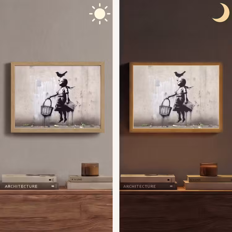 Graffiti - Meisje - Vogel - Street Art - Banksy Style Light Box met batterij (Wandlamp) middel -sfeer3