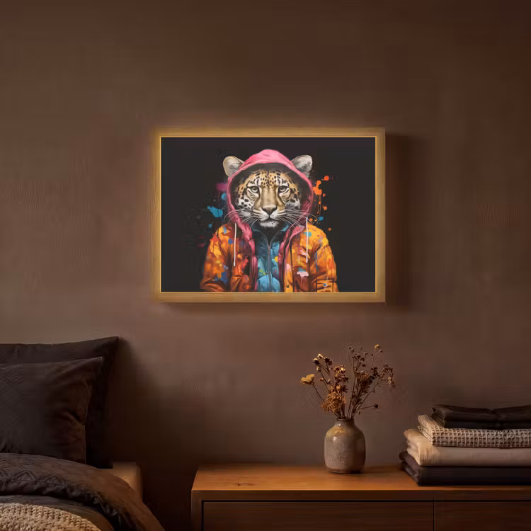 Graffiti - Luipaard - Zwart - Jas Light Box met batterij (Wandlamp) middel -sfeer4