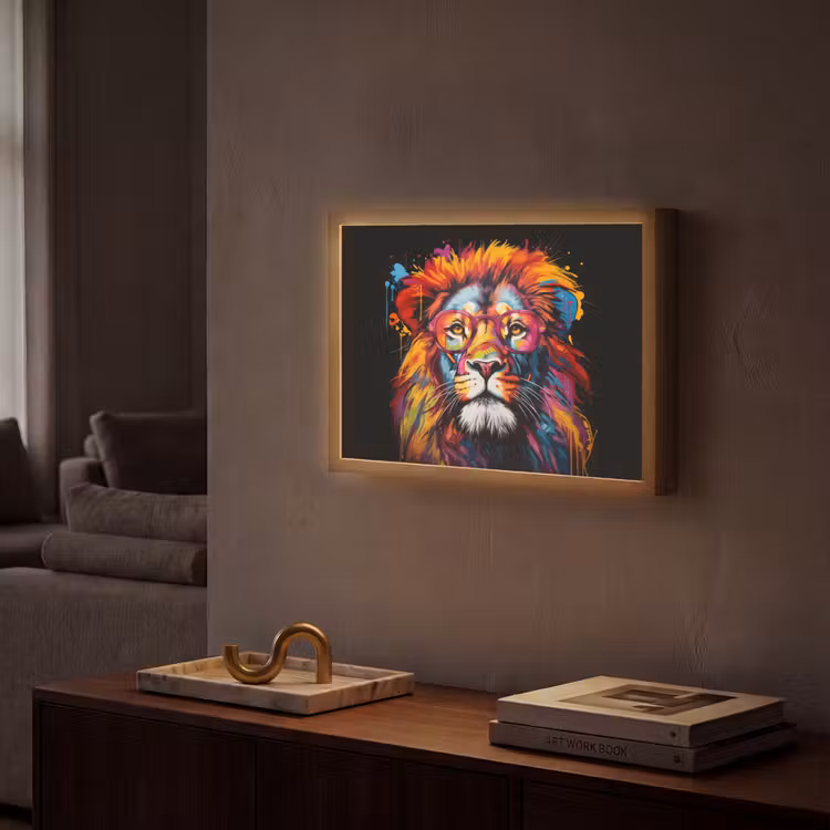 Graffiti - Leeuw - Bril - Zwart - Kleurrijk Light Box met batterij (Wandlamp) middel -sfeer1