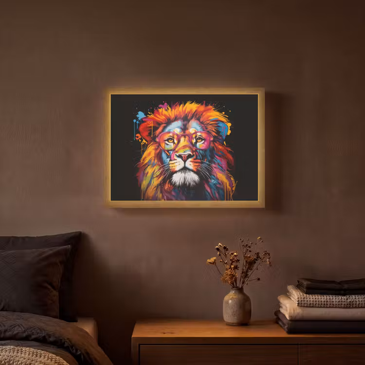 Graffiti - Leeuw - Bril - Zwart - Kleurrijk Light Box met batterij (Wandlamp) middel -sfeer4