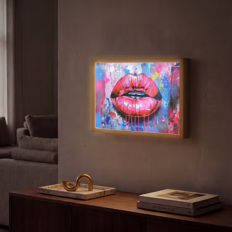 Graffiti - Lippen - Felroze - Geschilderd Light Box met batterij (Wandlamp) middel -sfeer1