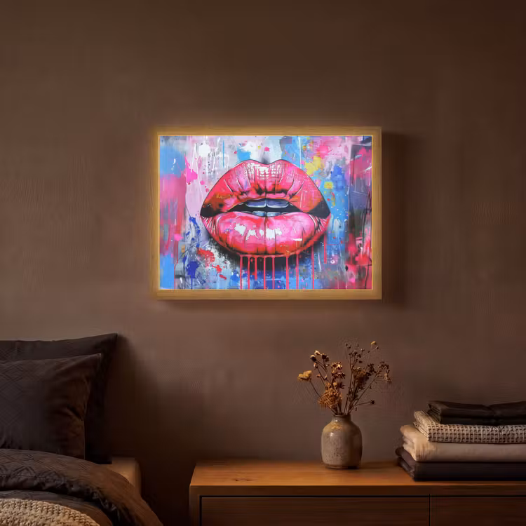 Graffiti - Lippen - Felroze - Geschilderd Light Box met batterij (Wandlamp) middel -sfeer4