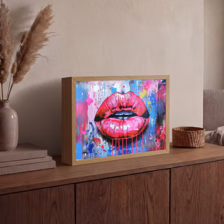 Graffiti - Lippen - Felroze - Geschilderd Light Box met batterij (Wandlamp) middel -sfeer2