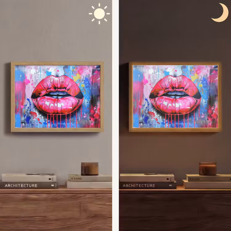 Graffiti - Lippen - Felroze - Geschilderd Light Box met batterij (Wandlamp) middel -sfeer3