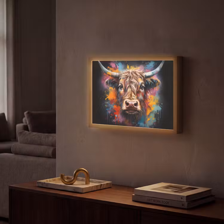 Graffiti - Schotse hooglander - Zwart - Koe Light Box met batterij (Wandlamp) middel -sfeer1