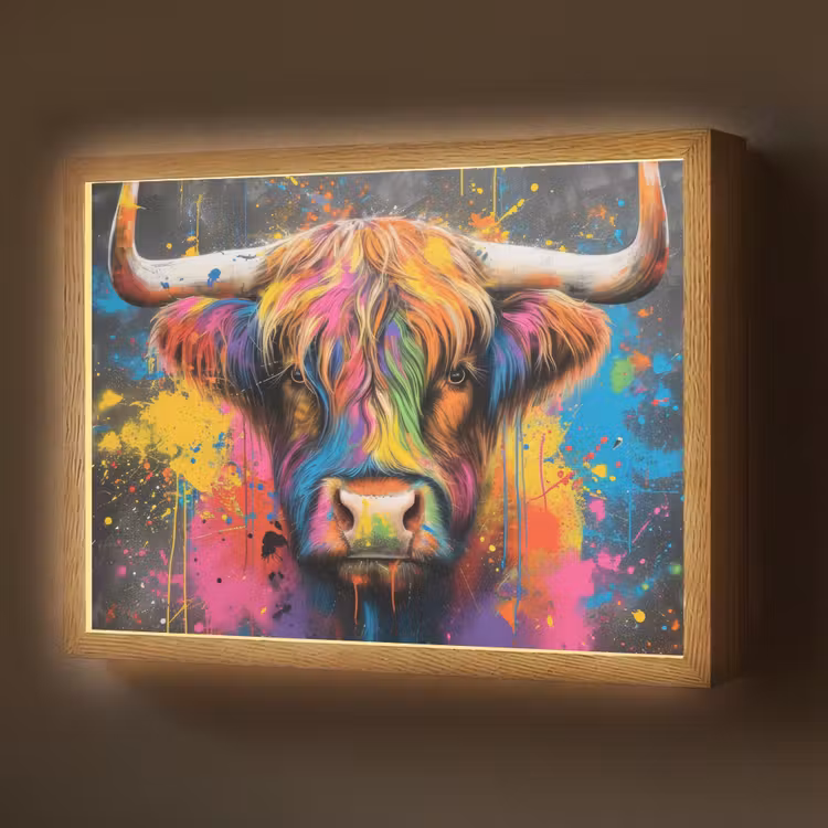 Graffiti - Schotse hooglander - Koe - Kleurrijk Light Box met batterij (Wandlamp) middel -z3d_website