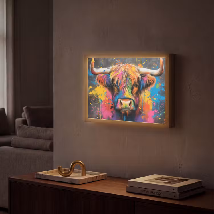 Graffiti - Schotse hooglander - Koe - Kleurrijk Light Box met batterij (Wandlamp) middel -sfeer1