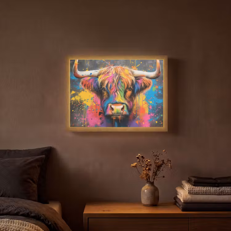 Graffiti - Schotse hooglander - Koe - Kleurrijk Light Box met batterij (Wandlamp) middel -sfeer4