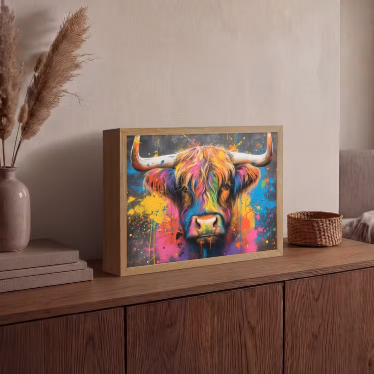 Graffiti - Schotse hooglander - Koe - Kleurrijk Light Box met batterij (Wandlamp) middel -sfeer2