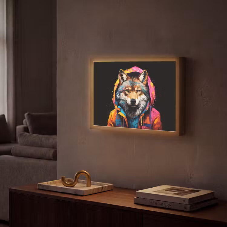 Graffiti - Wolf - Jas - Zwart Light Box met batterij (Wandlamp) middel -sfeer1