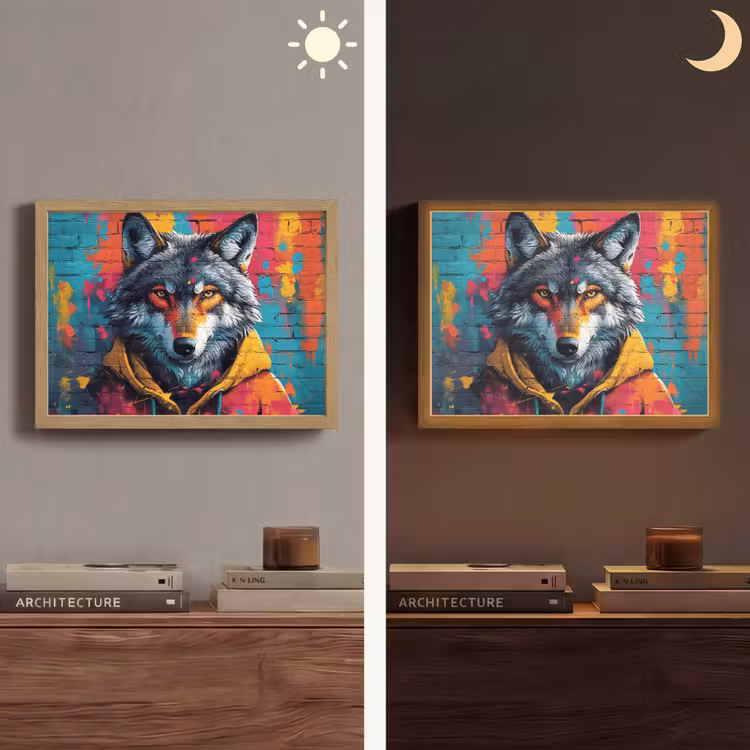 Graffiti - Wolf - Street art - Blauw Light Box met batterij (Wandlamp) middel -sfeer3