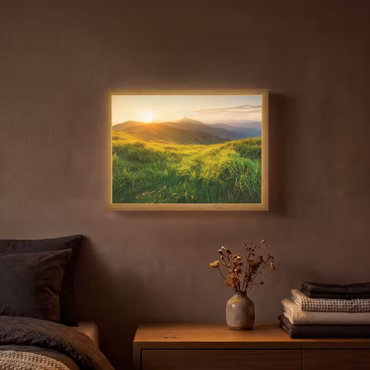 Gras - Heuvels - Zon - Natuur - Landschap Light Box met batterij (Wandlamp) middel -sfeer4
