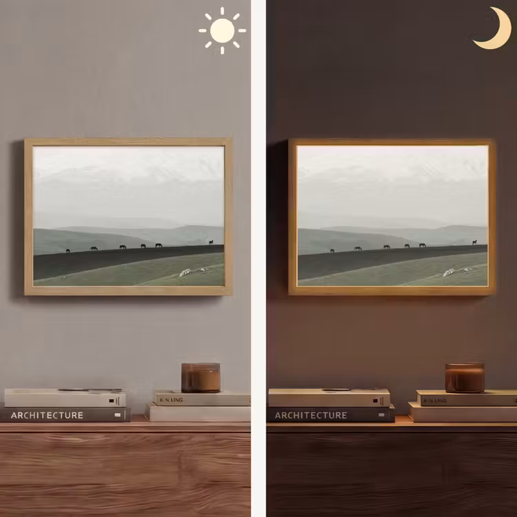 Grijs - Berg - Paarden Light Box met batterij (Wandlamp) middel -sfeer3