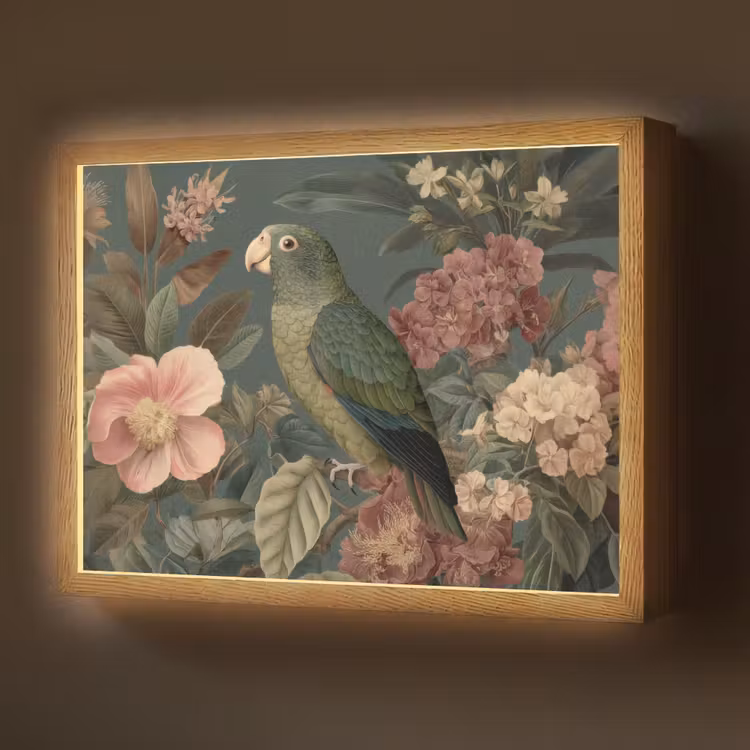 Groene papegaai - Kleurrijke bloemen - Donkere achtergrond Light Box met batterij (Wandlamp) middel -z3d_website