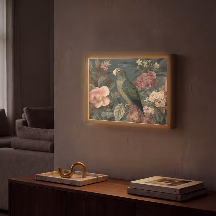 Groene papegaai - Kleurrijke bloemen - Donkere achtergrond Light Box met batterij (Wandlamp) middel -sfeer1