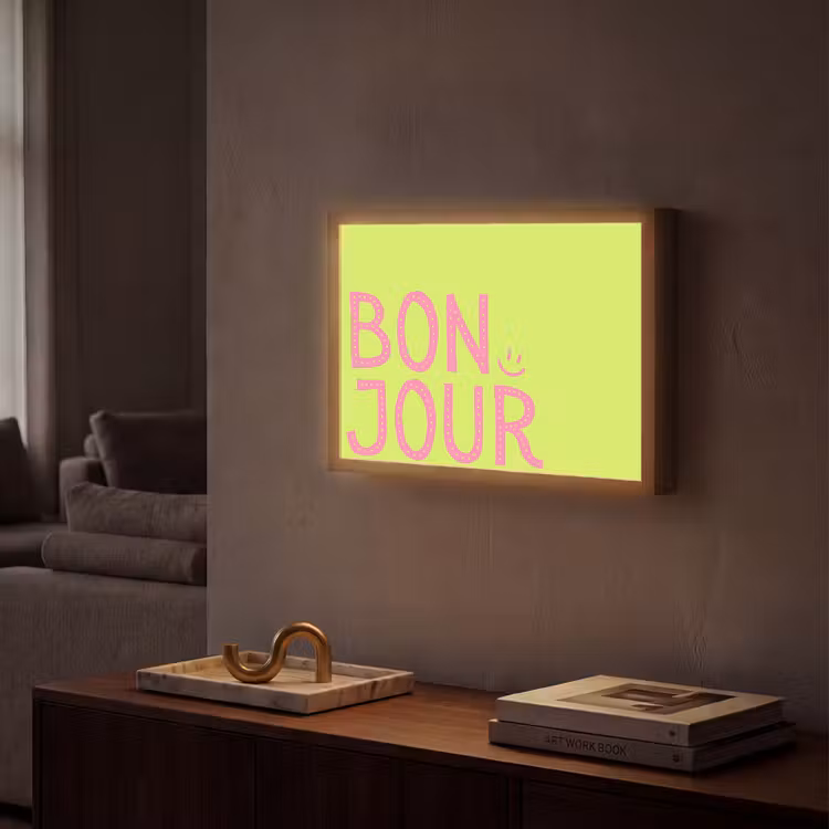 Groen - Smiley - Bonjour - Roze Light Box met batterij (Wandlamp) middel -sfeer1