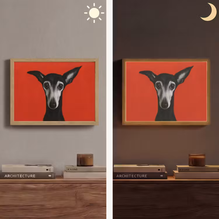 Windhond - Minimalistisch - Rood Light Box met batterij (Wandlamp) middel -sfeer3