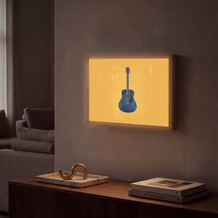 Gitaar - Akoestisch - Geel - Minimalistisch Light Box met batterij (Wandlamp) middel -sfeer1