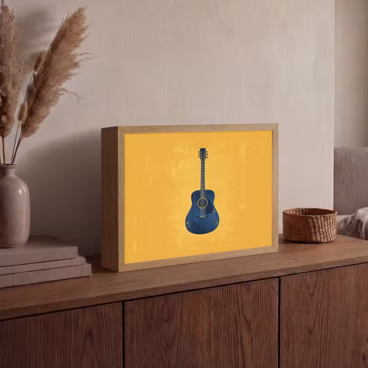Gitaar - Akoestisch - Geel - Minimalistisch Light Box met batterij (Wandlamp) middel -sfeer2