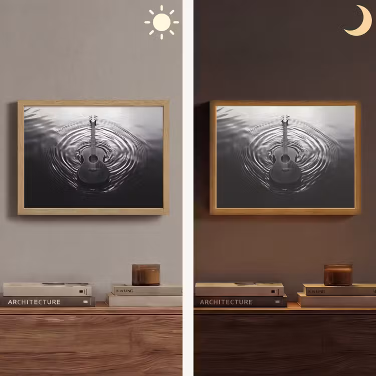 Gitaar - Hout - Water Light Box met batterij (Wandlamp) middel -sfeer3