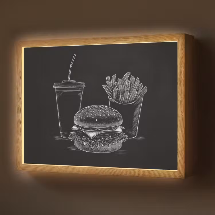 Hamburger - Friet - Frisdrank - Krijttekening Light Box met batterij (Wandlamp) middel -z3d_website