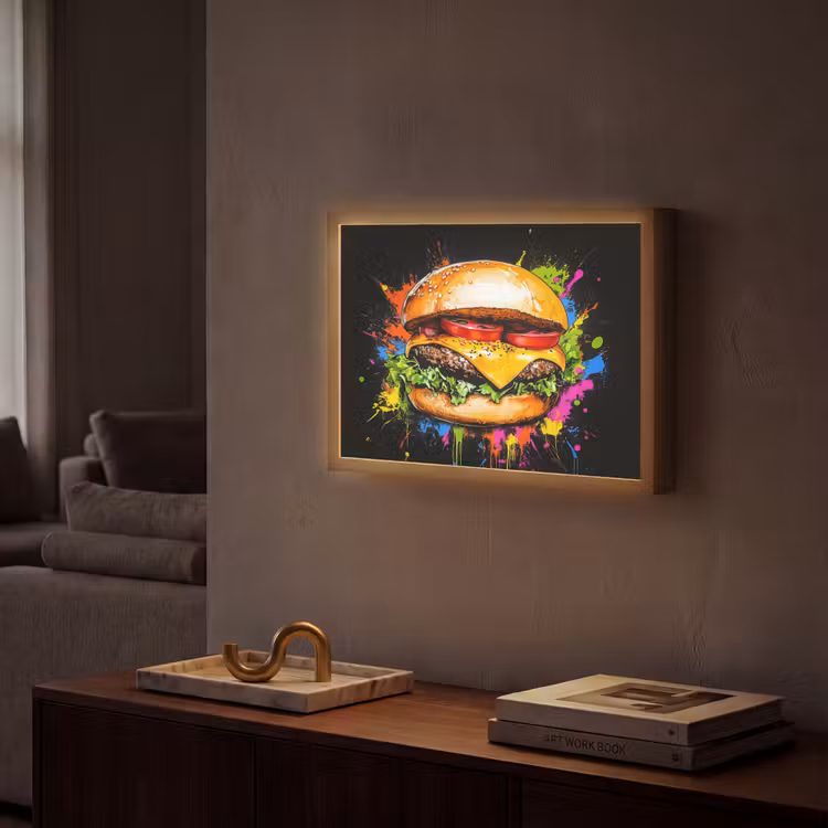 Hamburger - Graffiti - Verf - Kleurrijk - Eten - Abstract Light Box met batterij (Wandlamp) middel -sfeer1