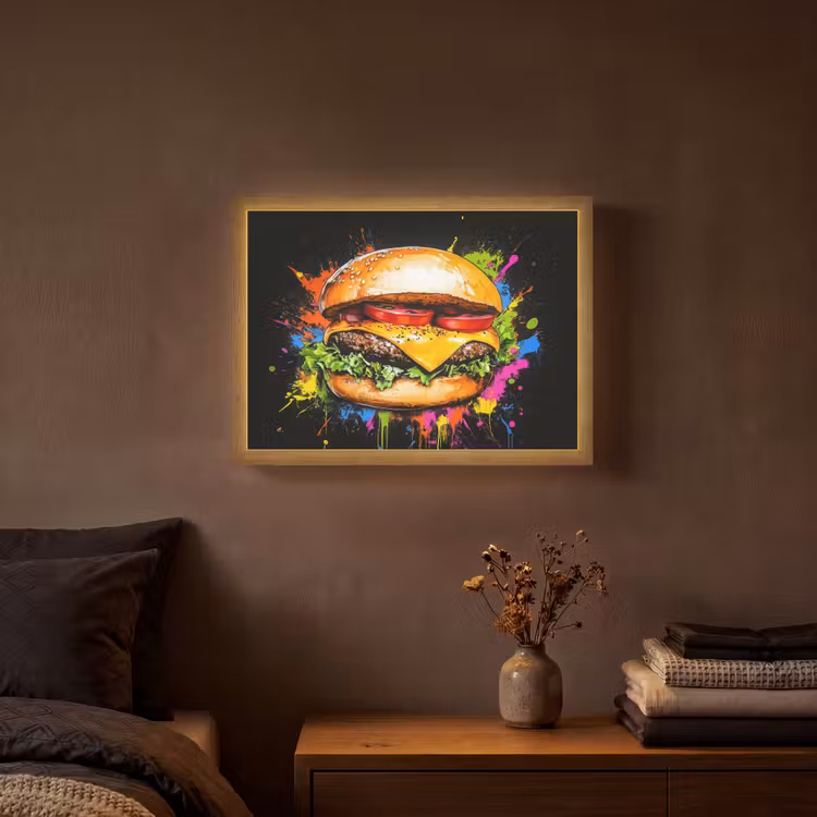 Hamburger - Graffiti - Verf - Kleurrijk - Eten - Abstract Light Box met batterij (Wandlamp) middel -sfeer4
