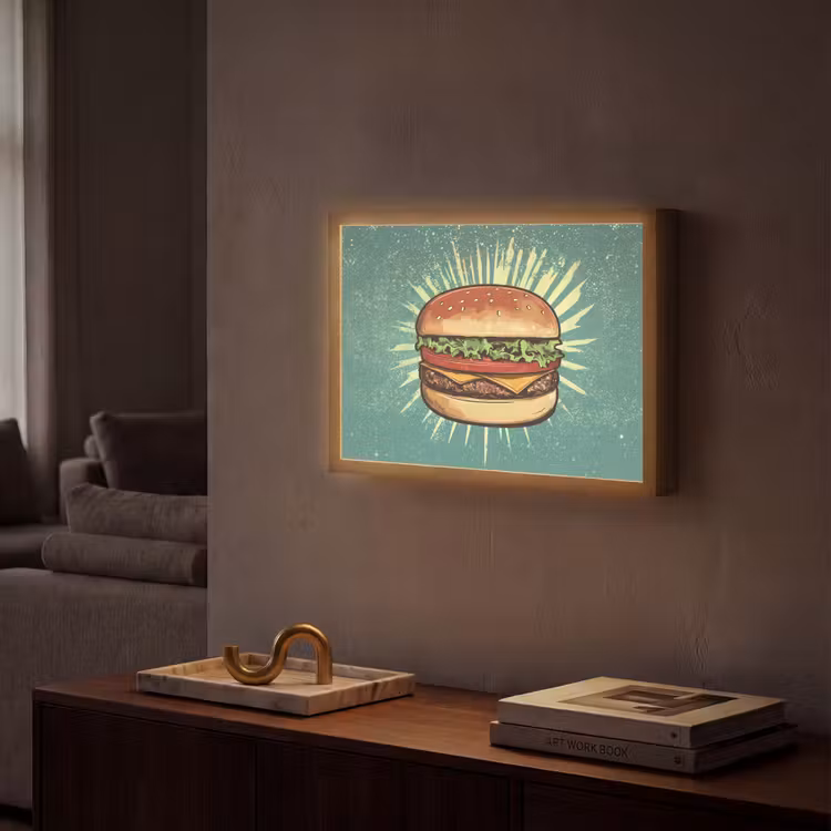 Hamburger - Illustratie - Sla - Kaas Light Box met batterij (Wandlamp) middel -sfeer1
