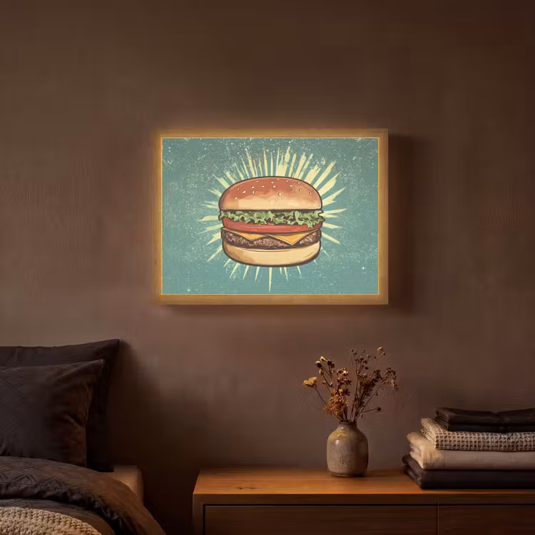 Hamburger - Illustratie - Sla - Kaas Light Box met batterij (Wandlamp) middel -sfeer4