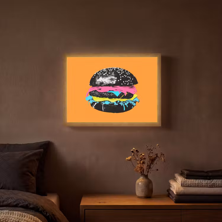 Hamburger - Oranje - Neon - popart Light Box met batterij (Wandlamp) middel -sfeer4