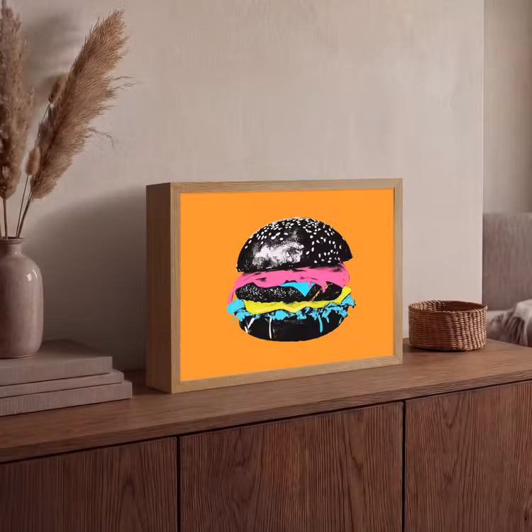 Hamburger - Oranje - Neon - popart Light Box met batterij (Wandlamp) middel -sfeer2