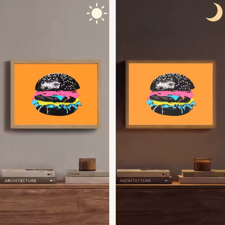 Hamburger - Oranje - Neon - popart Light Box met batterij (Wandlamp) middel -sfeer3