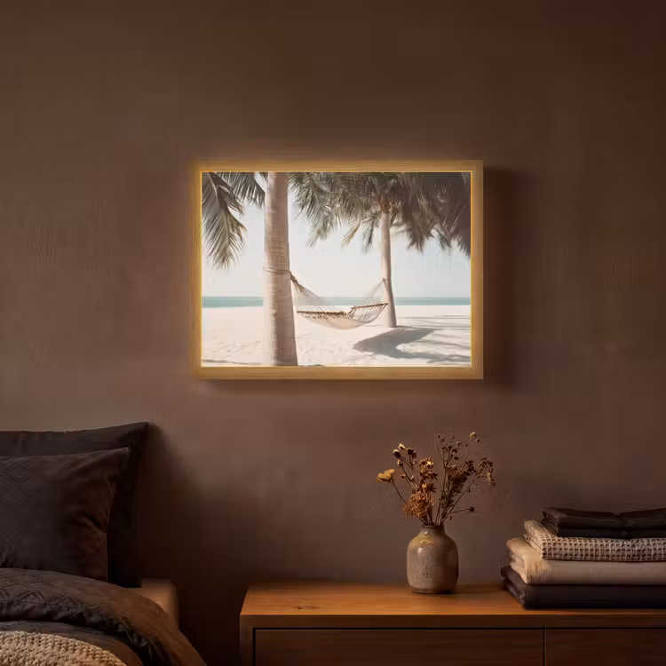 Hangmat - Palmbomen - Strand - Zee Light Box met batterij (Wandlamp) middel -sfeer4