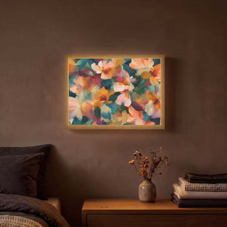 Harmonieus - Abstracte bloemen - Warme tinten Light Box met batterij (Wandlamp) middel -sfeer4