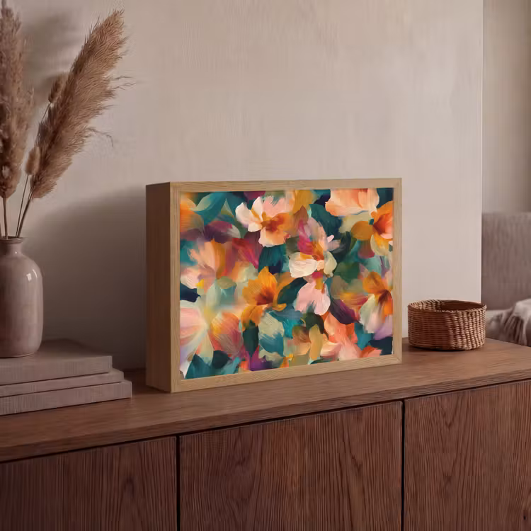 Harmonieus - Abstracte bloemen - Warme tinten Light Box met batterij (Wandlamp) middel -sfeer2