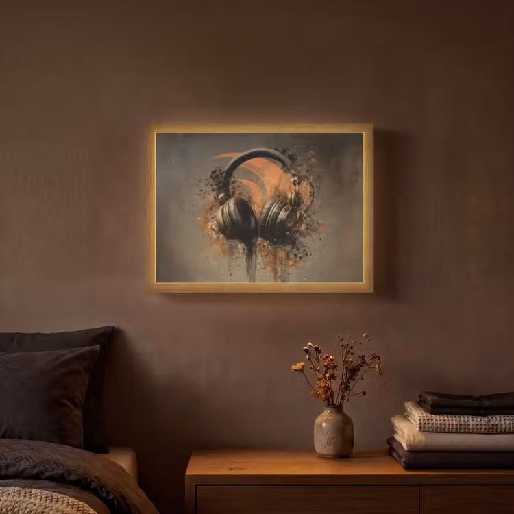 Koptelefoon - Bruin - Verf - Vintage Light Box met batterij (Wandlamp) middel -sfeer4