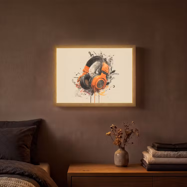 Koptelefoon - Oranje - Explosief Light Box met batterij (Wandlamp) middel -sfeer4