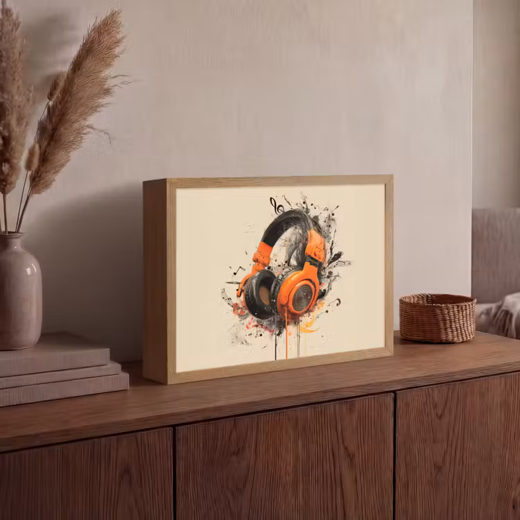 Koptelefoon - Oranje - Explosief Light Box met batterij (Wandlamp) middel -sfeer2