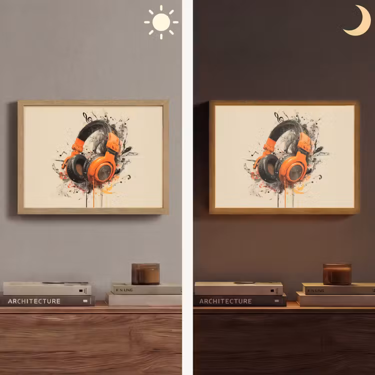 Koptelefoon - Oranje - Explosief Light Box met batterij (Wandlamp) middel -sfeer3