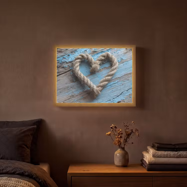 Hart - Touw - Hout - Rustiek Light Box met batterij (Wandlamp) middel -sfeer4